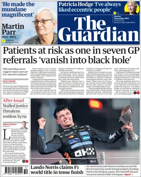 Portada de The Guardian (reino Unido) del lunes, 8 de diciembre de 2025