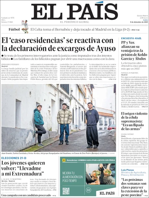 Portada de El Pais del lunes, 8 de diciembre de 2025