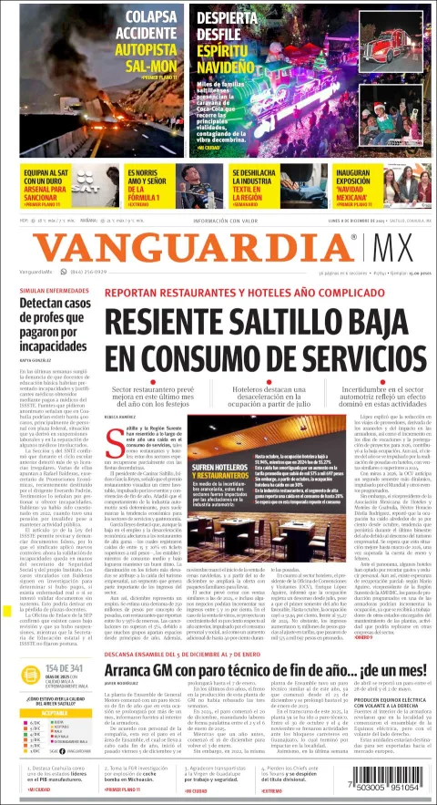 Portada de Vanguardia del lunes, 8 de diciembre de 2025
