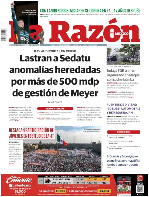 Portada de La Razon del lunes, 8 de diciembre de 2025