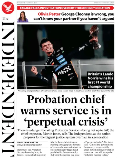 Portada de The Independent del lunes, 8 de diciembre de 2025