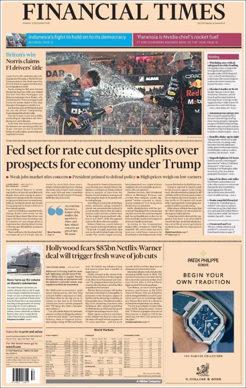 Portada de Financial Times del lunes, 8 de diciembre de 2025