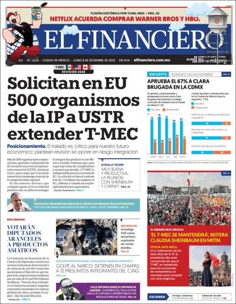 Portada de El Financiero del lunes, 8 de diciembre de 2025