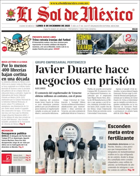 Portada de El Sol de Mexico del lunes, 8 de diciembre de 2025