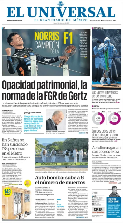 Portada de El Universal del lunes, 8 de diciembre de 2025