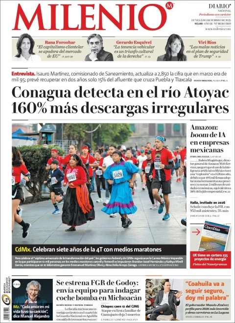 Portada de Milenio del lunes, 8 de diciembre de 2025