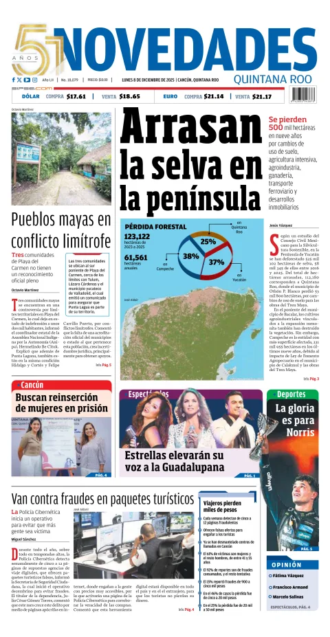 Portada de Novedades Quintana Roo del lunes, 8 de diciembre de 2025