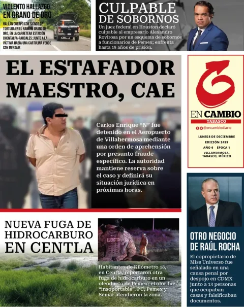Portada de En Cambio - Tabasco (contraportada) del lunes, 8 de diciembre de 2025