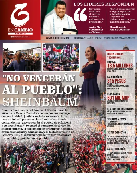 Portada de En Cambio - Tabasco (portada) del lunes, 8 de diciembre de 2025