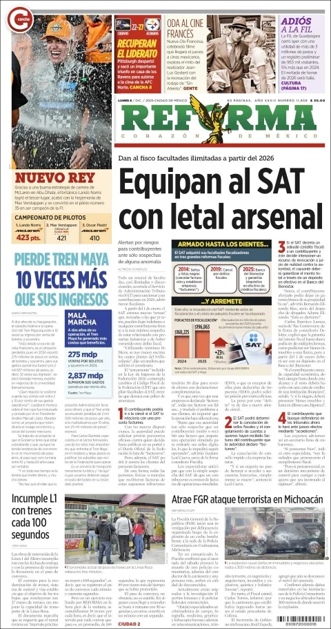 Portada de Reforma del lunes, 8 de diciembre de 2025