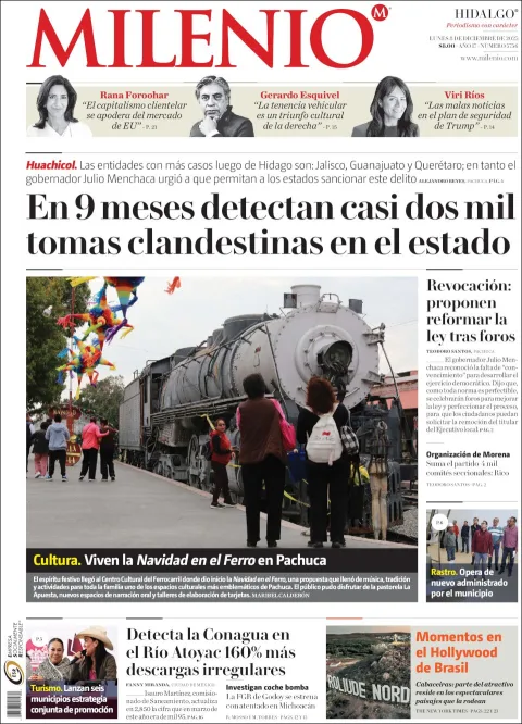Portada de Milenio Hidalgo del lunes, 8 de diciembre de 2025