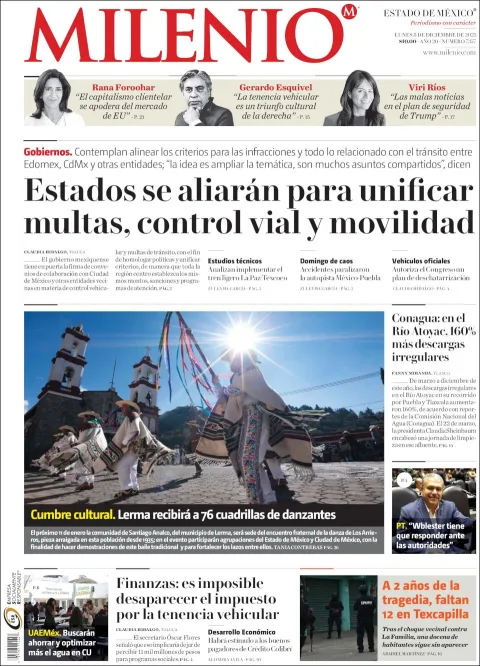 Portada de Milenio Edo de Mexico del lunes, 8 de diciembre de 2025