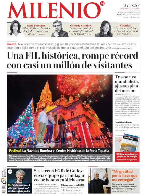 Portada de Milenio Jalisco del lunes, 8 de diciembre de 2025