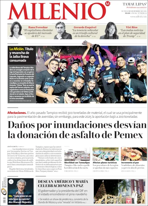 Portada de Milenio Tamaulipas del lunes, 8 de diciembre de 2025