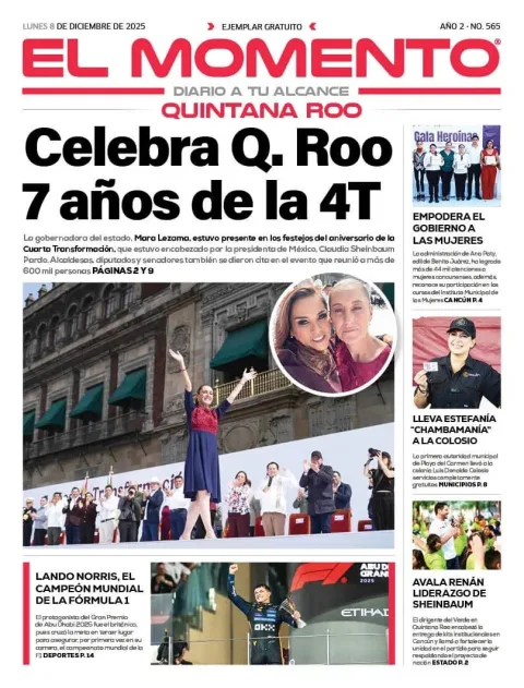 Portada de El Momento Quintana Roo del lunes, 8 de diciembre de 2025
