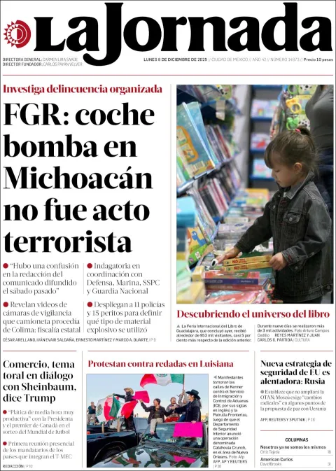 Portada de La Jornada del lunes, 8 de diciembre de 2025