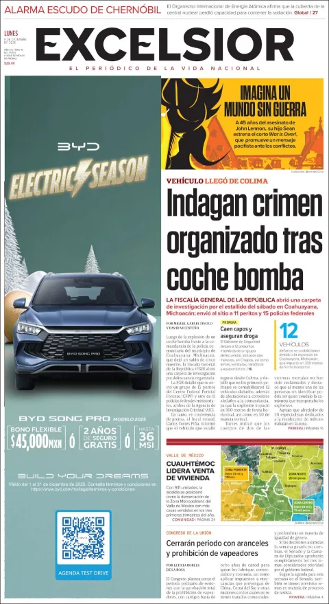 Portada de Excelsior del lunes, 8 de diciembre de 2025