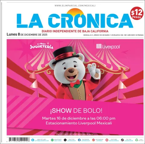Portada de La Cronica del lunes, 8 de diciembre de 2025