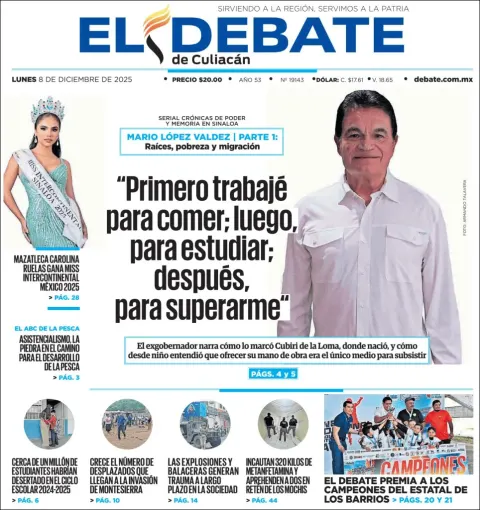 Portada de El Debate de Culiacan del lunes, 8 de diciembre de 2025