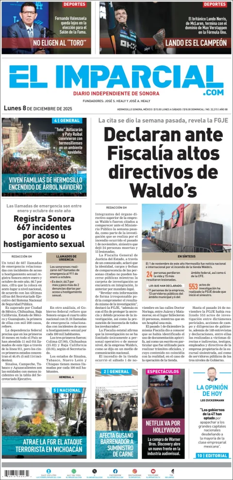 Portada de El Imparcial del lunes, 8 de diciembre de 2025