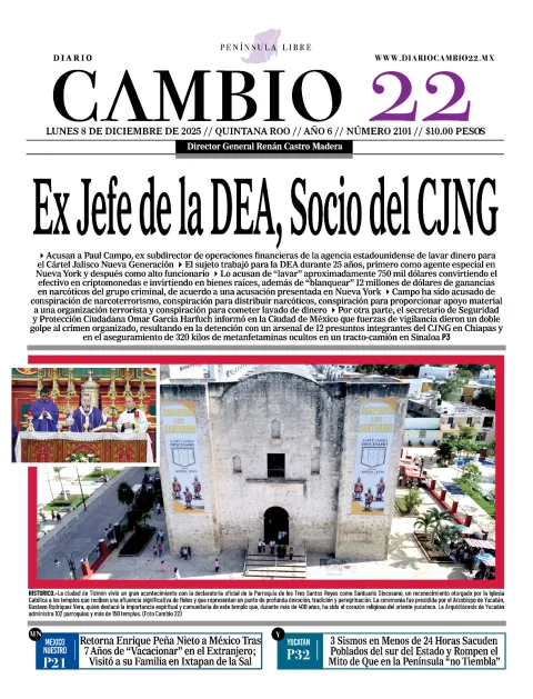 Portada de Diario Cambio 22 (contraportada) del lunes, 8 de diciembre de 2025