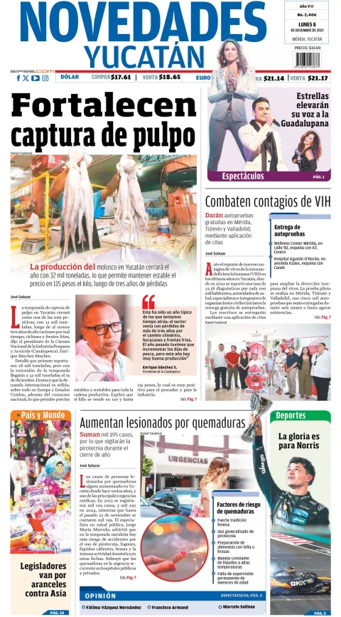 Portada de Novedades Yucatan del lunes, 8 de diciembre de 2025