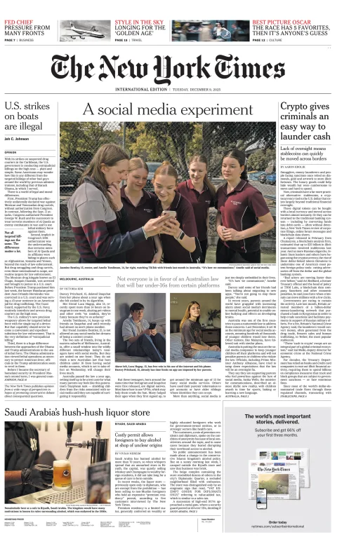 Portada de The New York Times (international) del martes, 9 de diciembre de 2025
