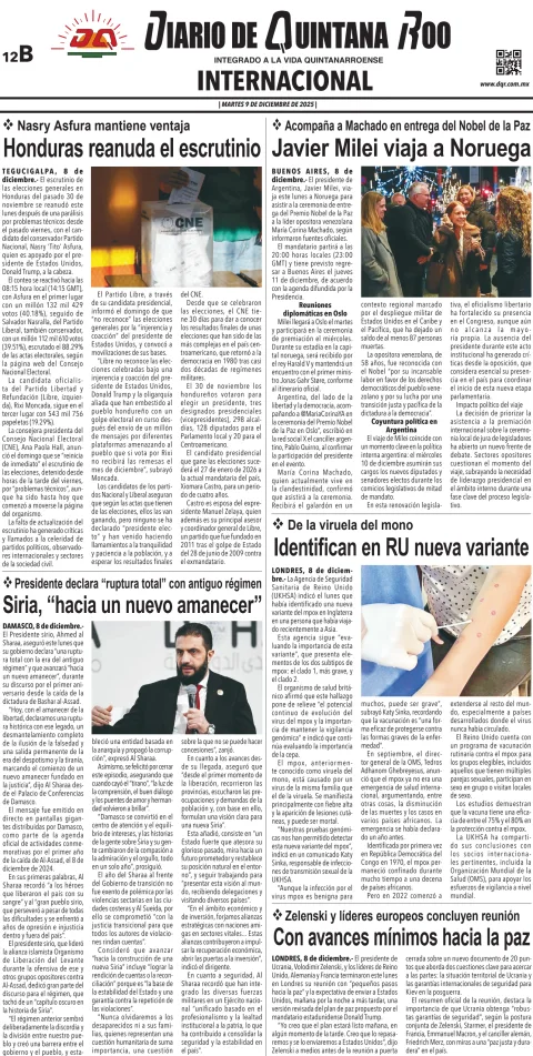 Portada de Diario de Quintana Roo (contra Portada) del martes, 9 de diciembre de 2025
