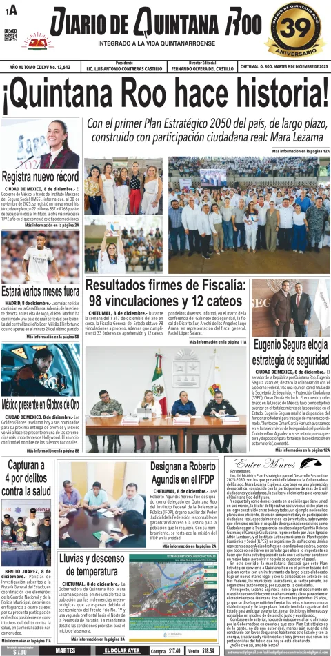 Portada de Diario de Quintana Roo (portada) del martes, 9 de diciembre de 2025