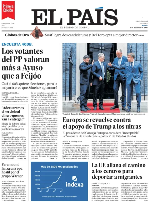 Portada de El Pais del martes, 9 de diciembre de 2025