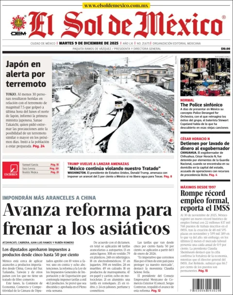 Portada de El Sol de Mexico del martes, 9 de diciembre de 2025
