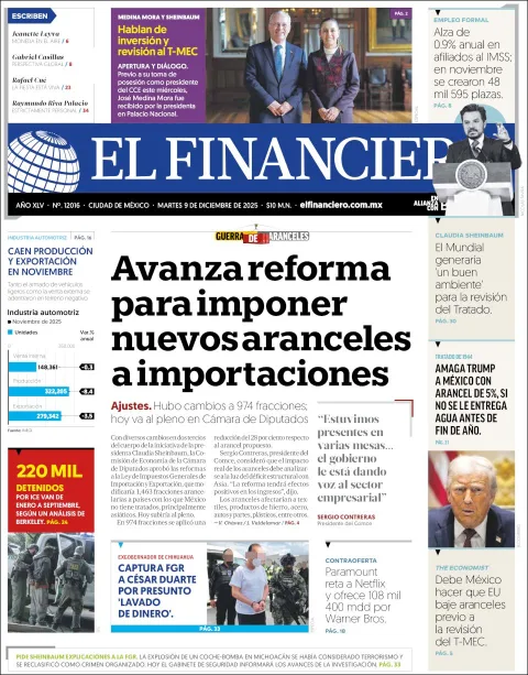 Portada de El Financiero del martes, 9 de diciembre de 2025