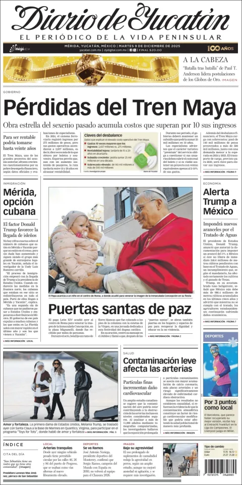 Portada de Diario de Yucatán del martes, 9 de diciembre de 2025