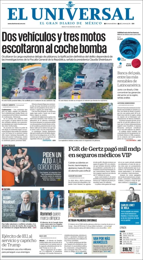 Portada de El Universal del martes, 9 de diciembre de 2025