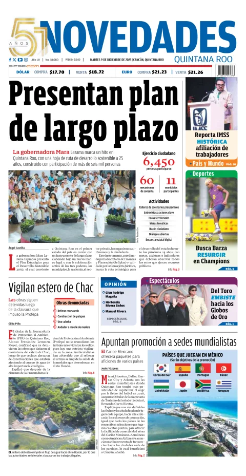 Portada de Novedades Quintana Roo del martes, 9 de diciembre de 2025