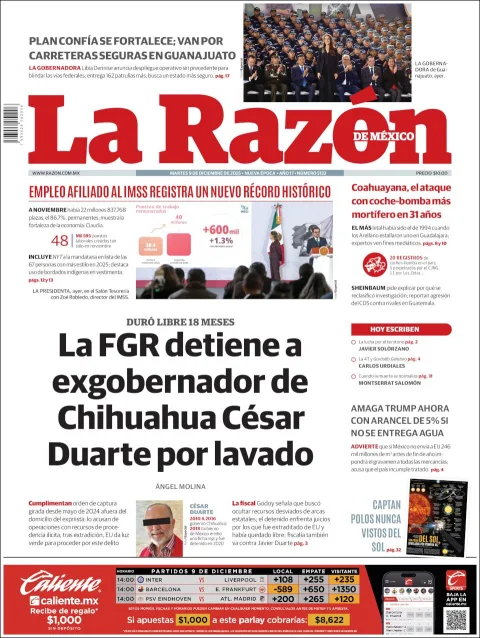 Portada de La Razon del martes, 9 de diciembre de 2025