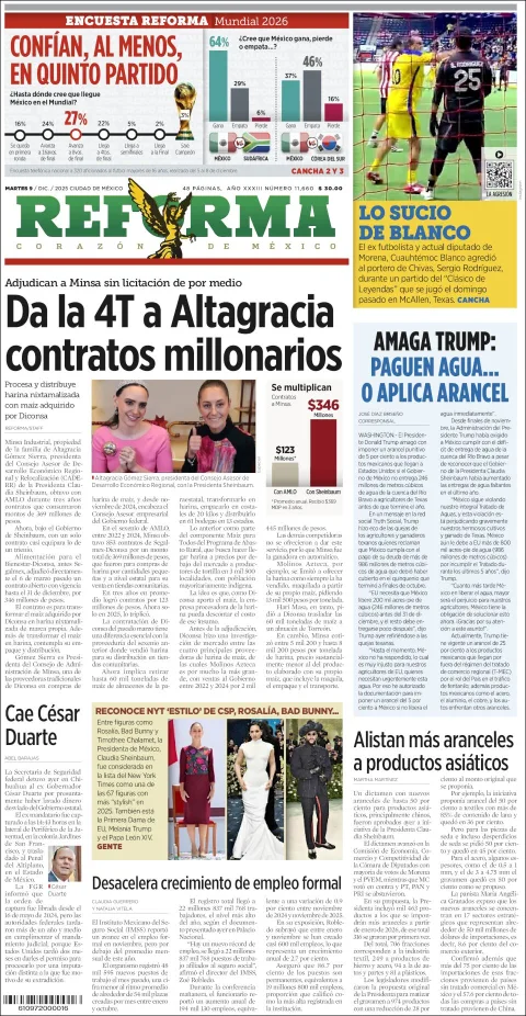 Portada de Reforma del martes, 9 de diciembre de 2025