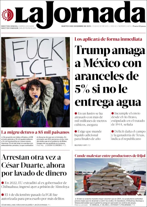 Portada de La Jornada del martes, 9 de diciembre de 2025