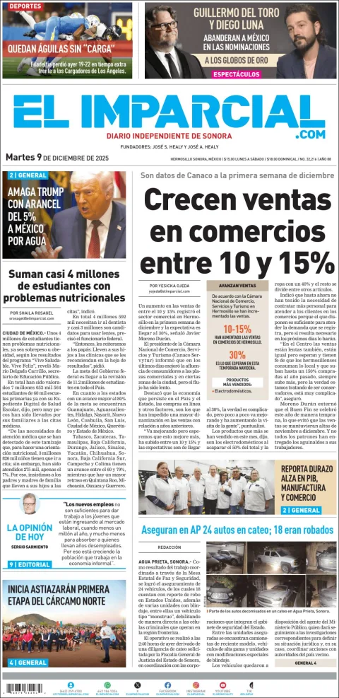 Portada de El Imparcial del martes, 9 de diciembre de 2025