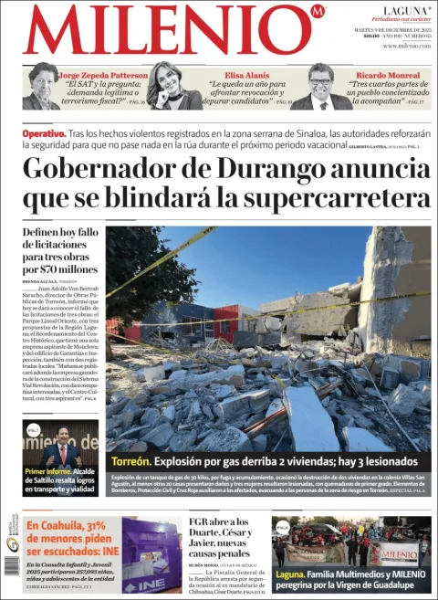 Portada de Milenio Laguna del martes, 9 de diciembre de 2025