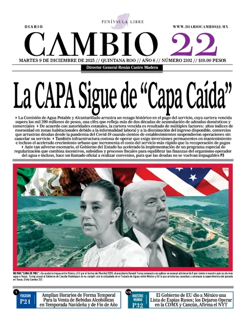 Portada de Diario Cambio 22 (contraportada) del martes, 9 de diciembre de 2025