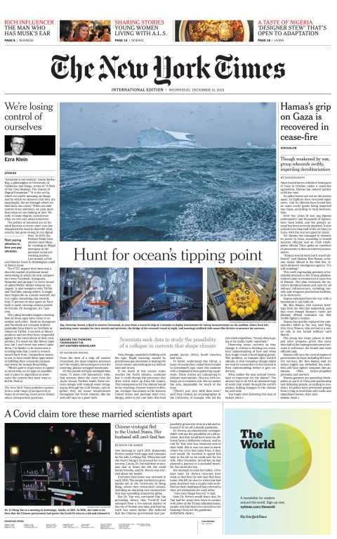 Portada de The New York Times (international) del miércoles, 10 de diciembre de 2025