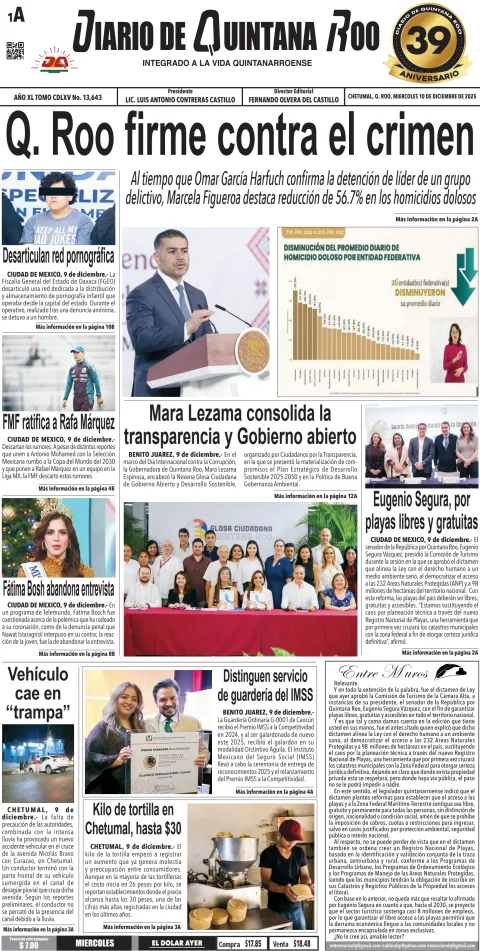 Portada de Diario de Quintana Roo (portada) del miércoles, 10 de diciembre de 2025