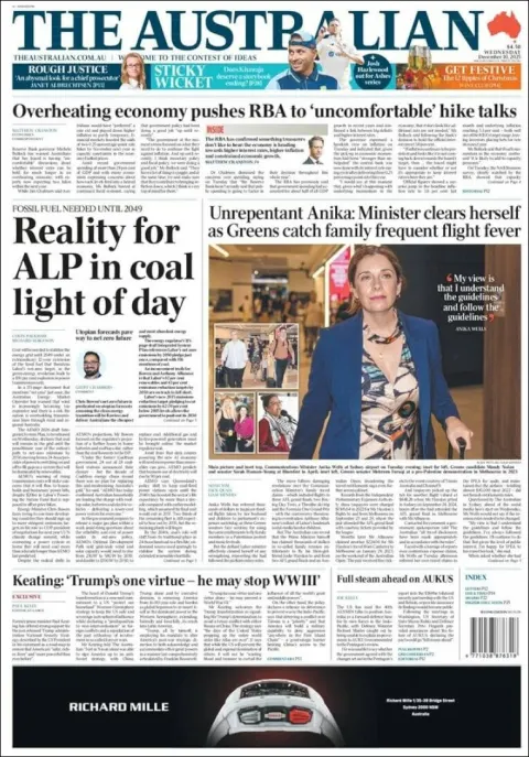 Portada de The Australian del miércoles, 10 de diciembre de 2025