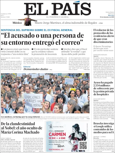 Portada de El Pais del miércoles, 10 de diciembre de 2025