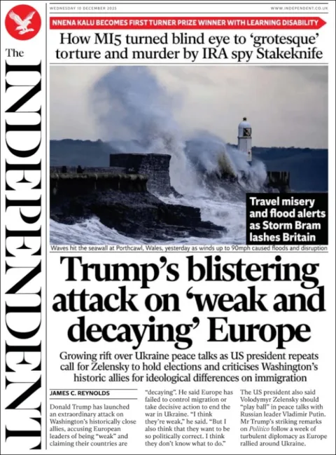 Portada de The Independent del miércoles, 10 de diciembre de 2025