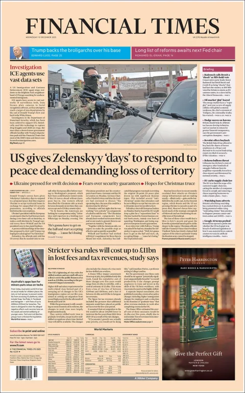 Portada de Financial Times del miércoles, 10 de diciembre de 2025