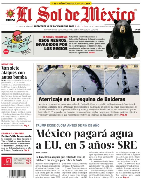 Portada de El Sol de Mexico del miércoles, 10 de diciembre de 2025