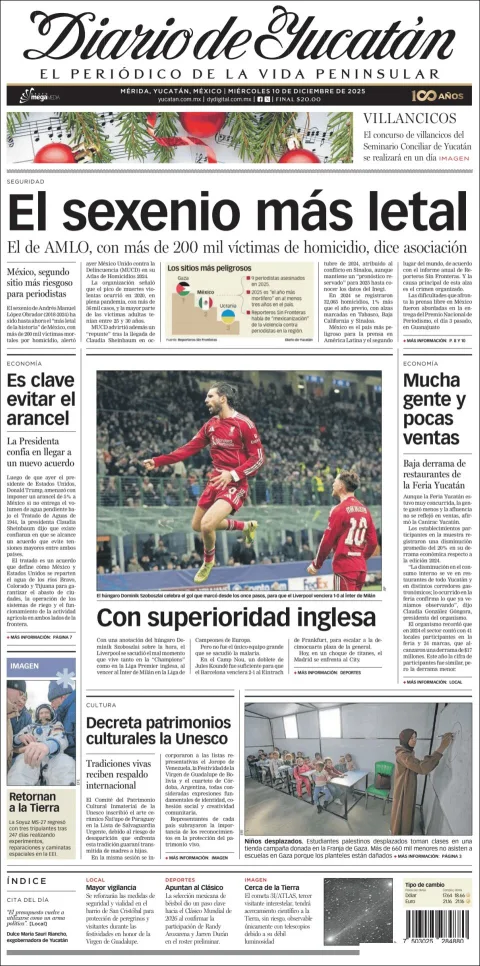 Portada de Diario de Yucatán del miércoles, 10 de diciembre de 2025