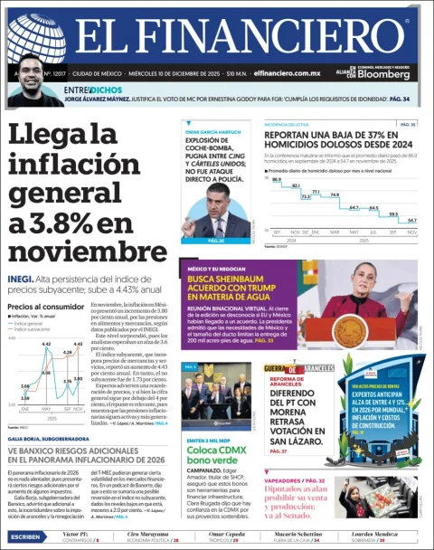 Portada de El Financiero del miércoles, 10 de diciembre de 2025